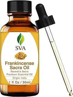 SVA Frankincense Essential Oil – 1 Fl Oz – 100% Natural Frankincense Sacred Oil - for Diffuser, Hair Care, Face, Skin Care, Aromatherapy, Scalp and Body Massage, Soap and Candle Making – with Dropper