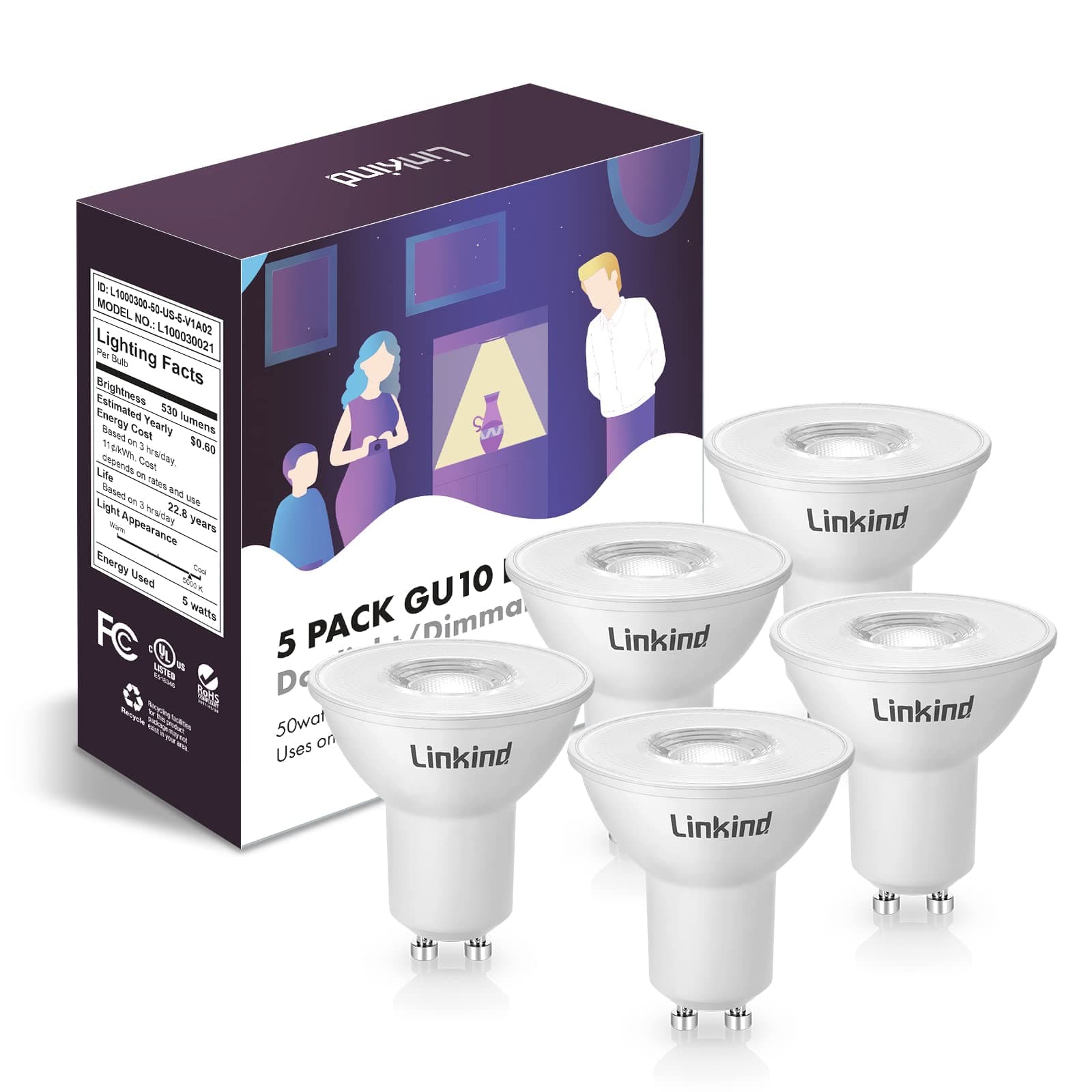 Linkind MR16 LED Bulbs, GU10 Light Bulbs Dimmable, 50W Equivalent, 530LM 5000k Daylight 40° Spot Lighting Tracking Light Recessed Light Spotlight, UL Listed, 5 Packs
