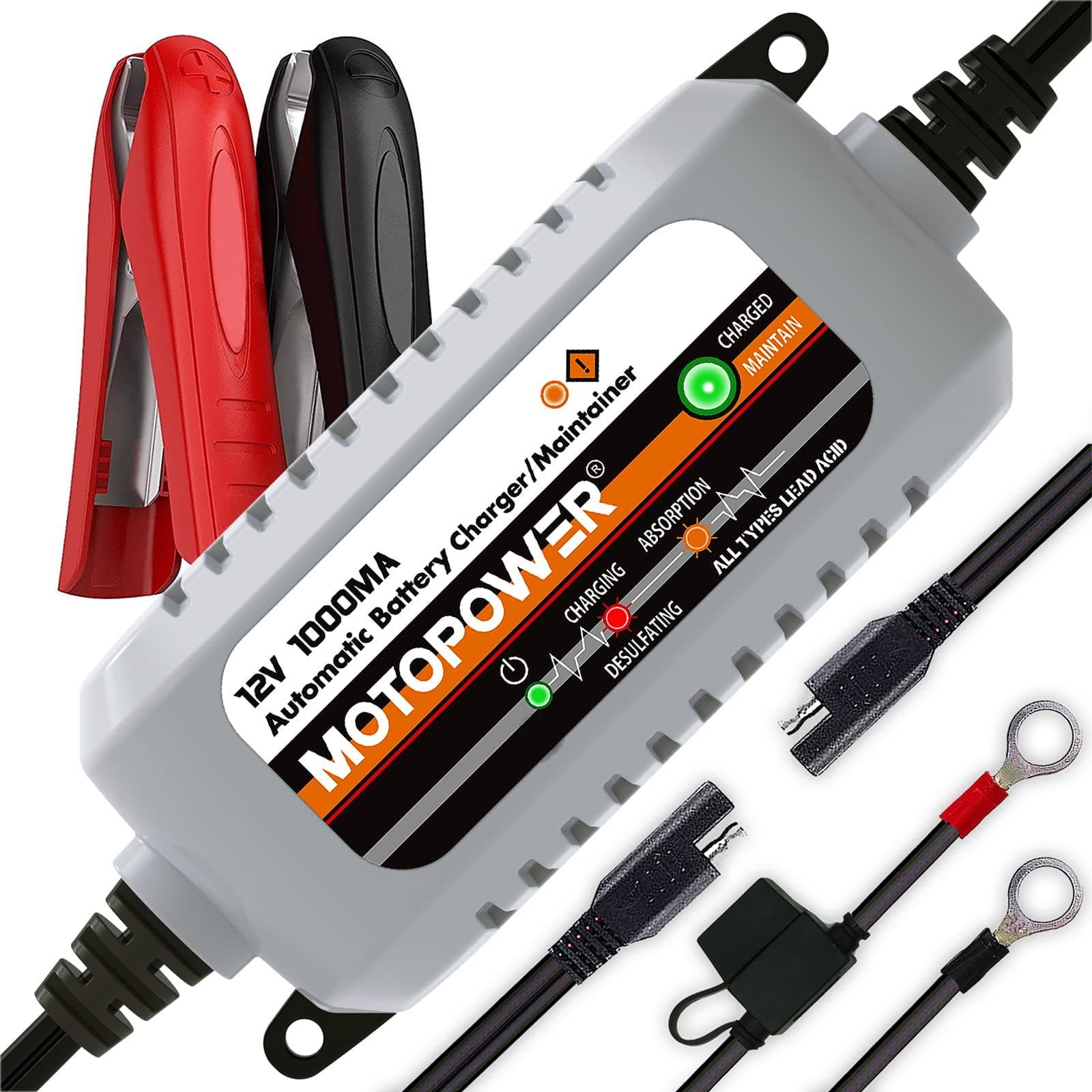 MOTOPOWER MP00205B 12V 1000mA Fully Automatic Battery Charger/Maintainer - UK Plug