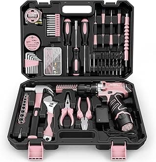 Sundpey Home Tool Kit with Drill - 206PCs Pink Tool Kit with 12V Cordless Power Drill for Household Repair - Portable Basic Pink Tool Box for Women with DIY Hand Tool Set(Screwdrivers & Pliers)
