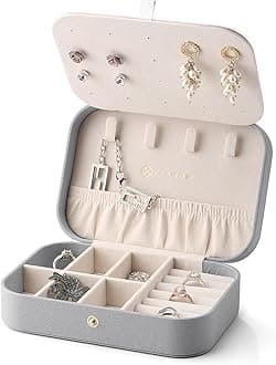 VlandoVlando Small Jewelry Box, Travel Jewelry Organizer Case for Earrings Necklace Ring, Double Layer Portable Travel Jewelry Organizer for Women Girls, Vintage Birthday Gift, Grey