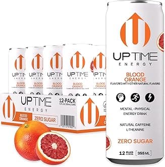 - UPTIME Energy Drink, Blood Orange Sparkling, 12 Pack, Vitamin C, L Theanine, Calcium, Sugar Free Energy Drinks for Focus Support, 142mg of Natural Caffeine, 0 Calories, Clean, Natural, 12 fl oz Cans