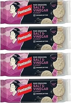 Fantastic Rice Crackers Salt & Vinegar, Authentic Thai Recipe, Oven Baked Crunchy Snack, Vegan & Gluten Free, Low Calorie, 100g (Pack of 4)