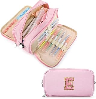Extra Large Capacity Pencil Case 3 Compartment Initial Pencil Pouch Personalized Cute Aesthetic Stationery Pen Case Bag for School Teen Girl Boy Men Women Gift (E, Pink)