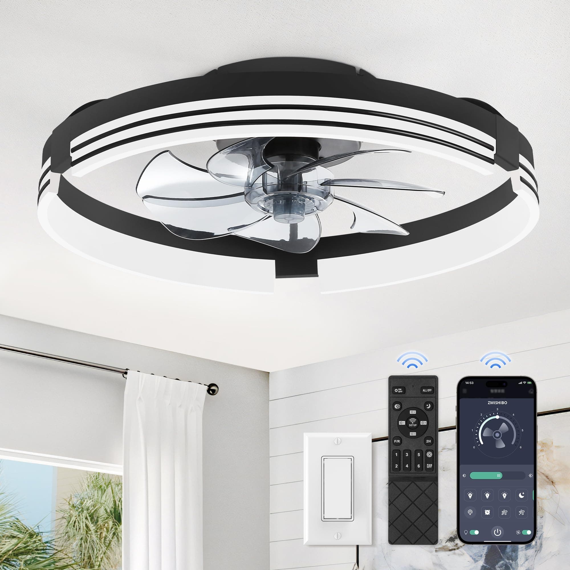 - Low Profile Ceiling Fans with Lights and Remote, 20 Inch Flush Mount Ceiling Fan with Light, 3000K-6000K Dimmable Fandelier LED Fan Light, 6 Wind Speeds Black Ceiling Fans for Bedroom