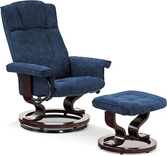 MComboSwivel Recliner with Ottoman, Manual Recliner Chairs with Wood Base for Living Room Bedroom Office, Chenille Fabric 4919 (Blue)