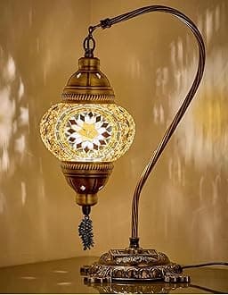 Turkish Moroccan Mosaic Table Lamp–Handcrafted Tiffany-Style Colorful Glass Swan Neck Bedside, Desk Light, Boho Artisan Accent Lighting for Bedroom, Living Room–38cm H, Brown-Amber