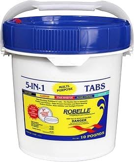 Robelle 10-Pounds Premium 5-In-1 Multi-Purpose Tabs, Chlorine Tablets 3 Inch, Sanitizer, Clarifier, Stain Inhibitor, Algae Control, Descaler, Sunlight Protector All In One, Made In USA