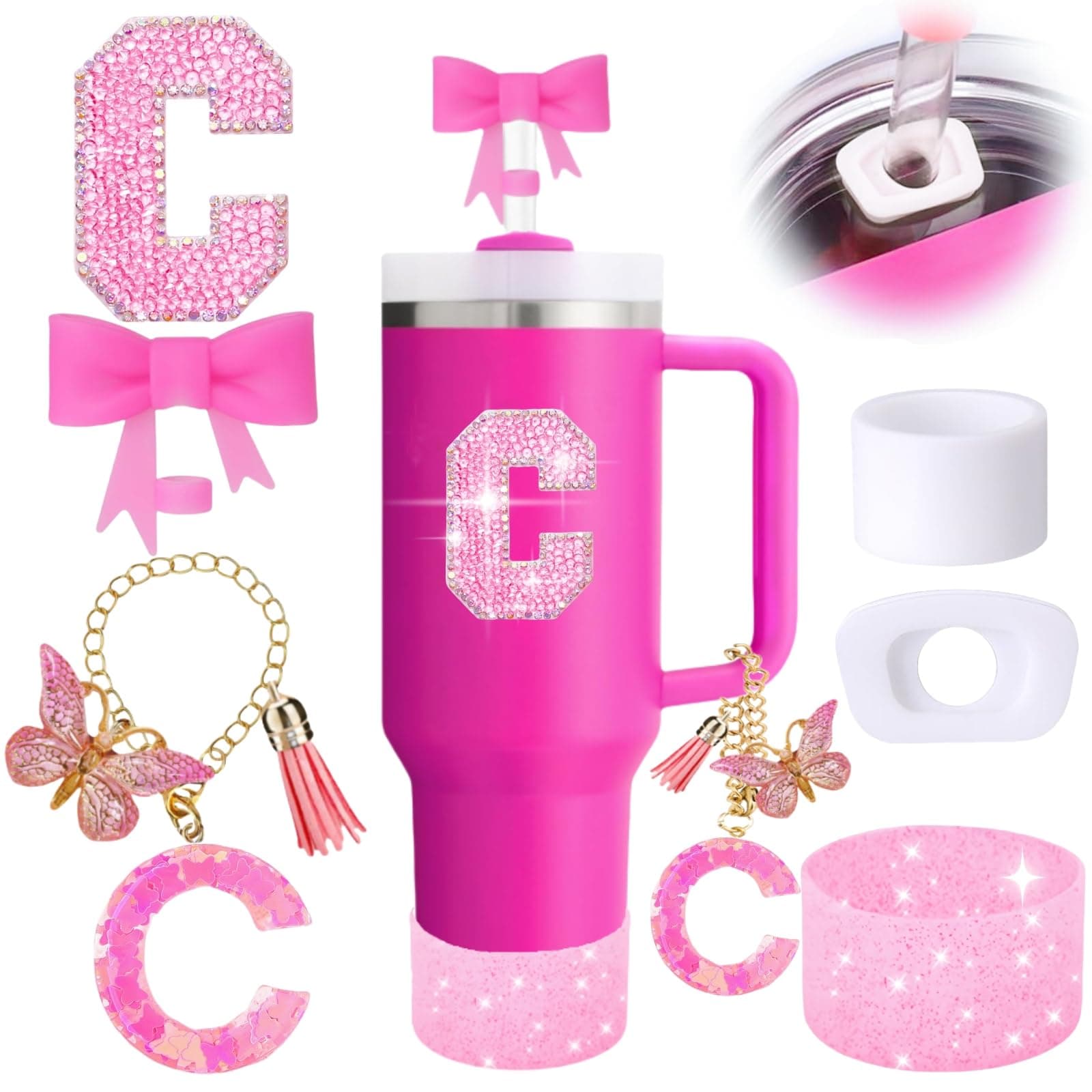 6PCS Pink Stanley Cup Accessories Set, Initials Decorations for Stanley Cup 30oz 40oz, Includes Bow Straw Topper, Handle Charm, Letter Sticker, Silicone Boot, Spill Proof Stopper (Letter C)