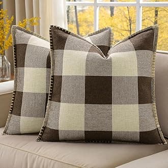 decorUhome Buffalo Plaid Check Throw Pillow Covers 18x18 Set of 2, Outdoor Decorative Farmhouse Neutral Pillow Covers with Stitched Edge for Bed Couch Sofa, Brown and Beige