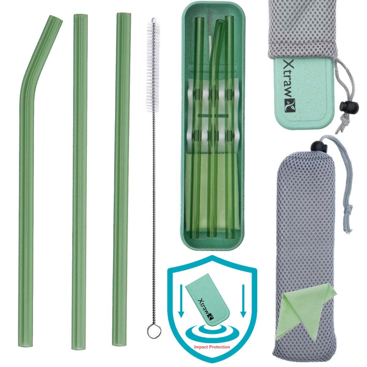 XTRAW Premium Reusable Glass Drinking Straws with Carrying Case and Protective Pouch Bag, Set of 3 with Protective Straw Stand, Cleaning Brush, Cleaning Cloth, Wheat Straw Plastic Travel Case (Green)