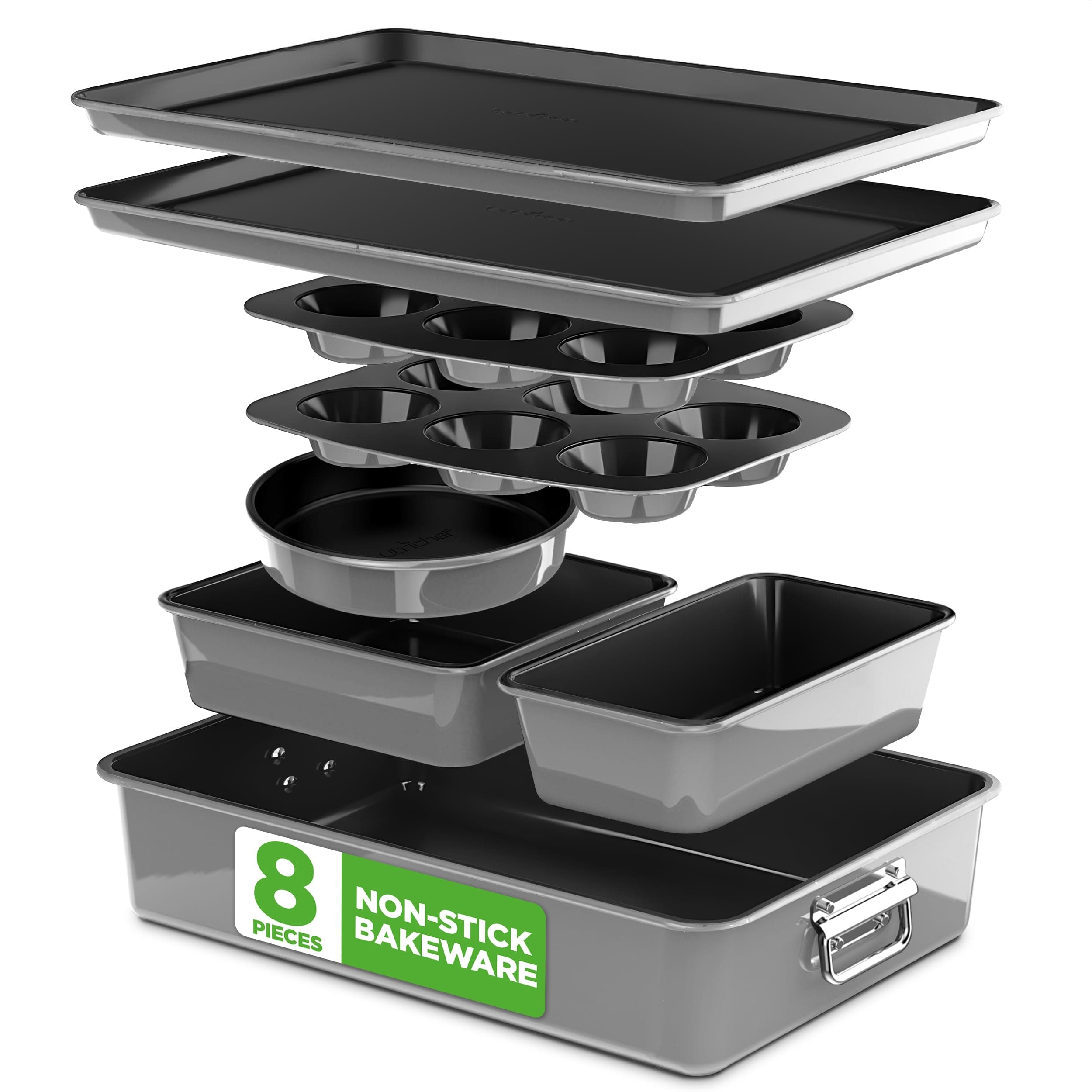 8-Piece Nonstick Stackable Bakeware Set - PFOA, PFOS, PTFE Free Baking Tray Set w/Non-Stick Coating, 450°F Oven Safe, Round Cake, Loaf, Muffin, Wide/Square Pans, Cookie Sheet (Gray)