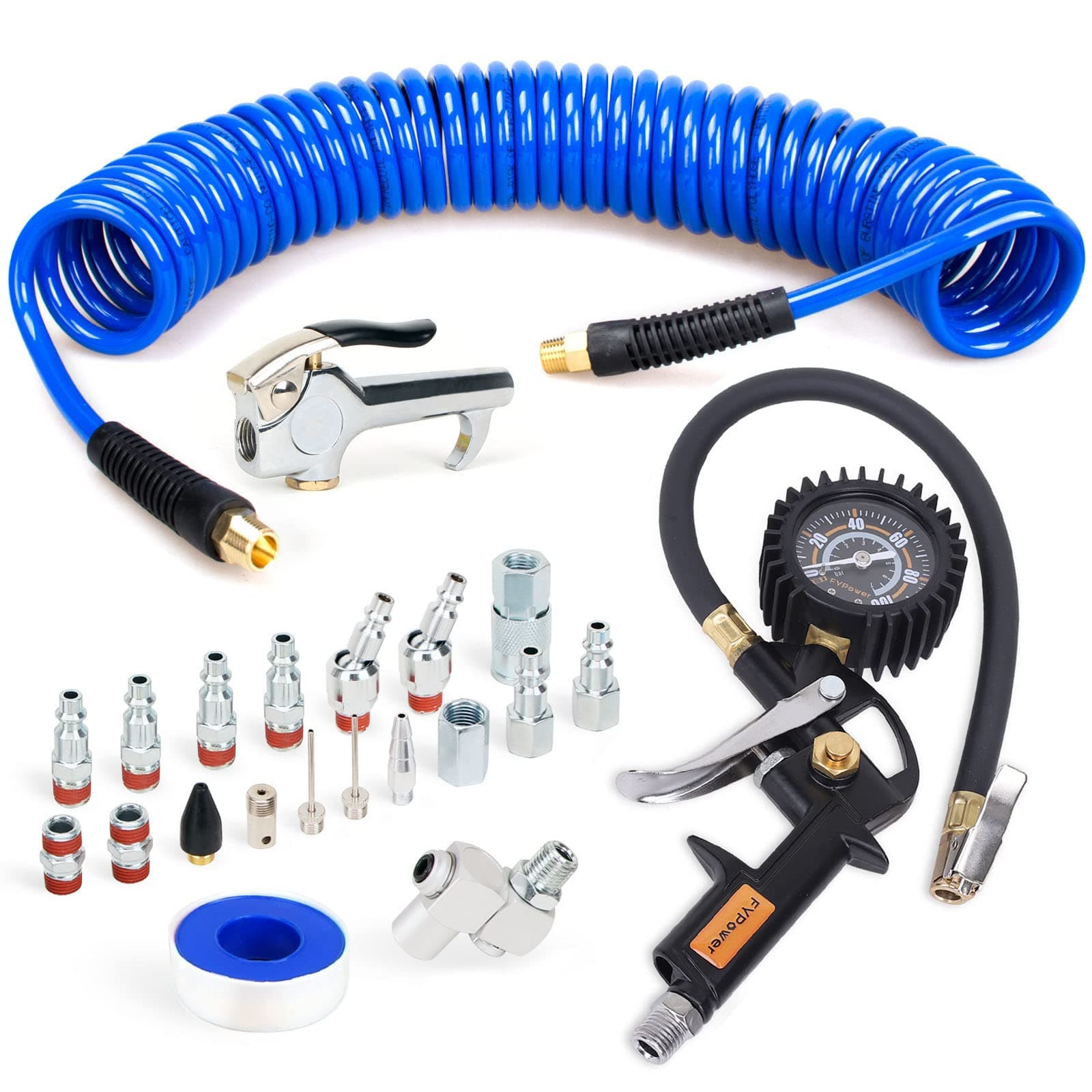 22 Pieces Air Compressor Accessories kit, 3/8 inch x 25 ft Recoil Poly Air Compressor Hose Kit, 1/4" NPT Quick Connect Air Fittings, Tire Inflator Gauge, Heavy Duty Blow Gun, Swivel Plugs