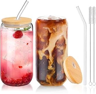 Glass Cups with Lids and Straws 2Pcs,Cute Glass Cups for Iced Coffee Smoothies Whiskey Matcha Mojito Soda,16 Oz,2 Brush