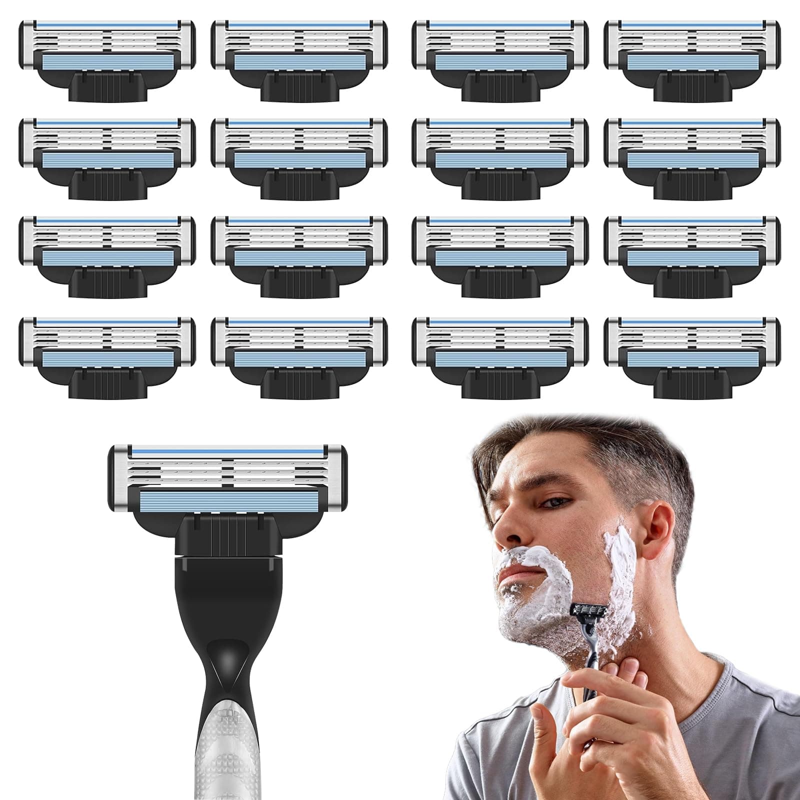 16 Pcs Razor Blades Refills Compatible with Gillette Mach 3, Daily Replacement Blade, 3-Layer Manual Universal Shaver Blades with Precision Trimmer, Beard Razors Blades for Men Father Boyfriend