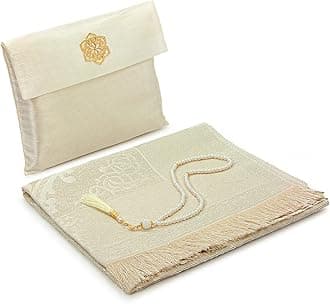 ihvan online Muslim Prayer Rug with 99 Beads Tasbih & Travel Bag, Soft Taffeta Sajadah, Lightweight & Foldable Janamaz, Portable Prayer Mat, Islamic Gift for Eid, Ramadan, Hajj & Umrah, Ecru