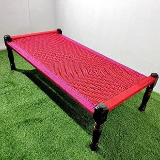 Solid Sheesham Wood Charpai Khat Bed | Wooden Khatiya Charpai Desi | Handcrafted Khatiya Bed with Cotton Rope | Strong Khat for Indoor & Outdoor Use | 6X3 Feet | Red Pink
