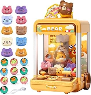 AIQI Bear Kids Claw Machine, Mini Candy Vending Grabber, Prize Dispenser Toys for Girls and Boys, Electronic Claw Game Machine for Party Birthdays with Lights Sound, Includes 10 Plush and 10 Mini Toys