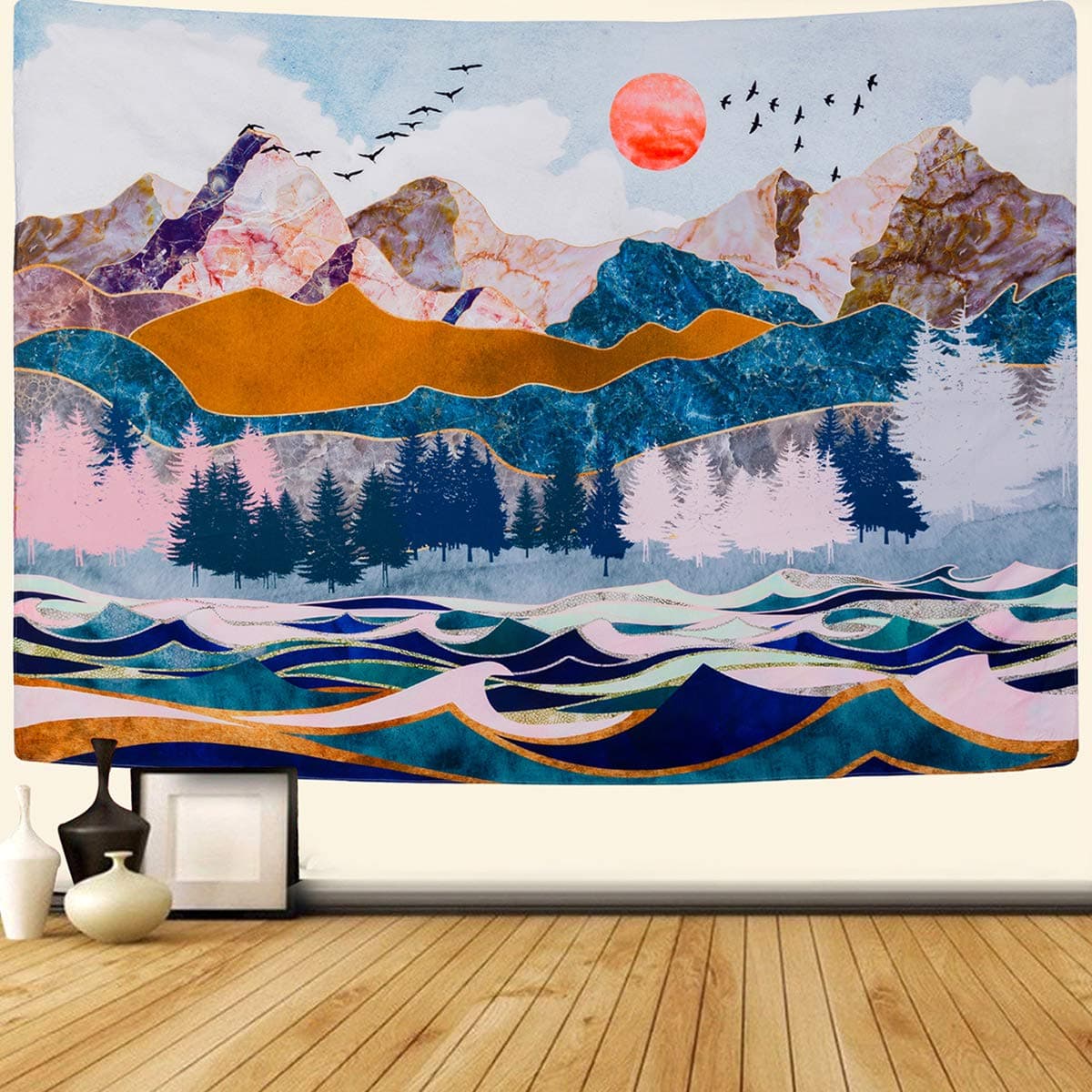 Mountain & Sunset Tapestry Wall Hanging Forest Trees Tapestry Wave Art Nature Landscape Home Decor for Room (51.2 x 59.1 inches)