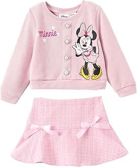 Disney Frozen Elsa Stitch Princess Moana Minnie Toddler Girls 2-Piece Outfit Kid Pearl Button Knit Top & Tweed Skirt Set 2-13Y