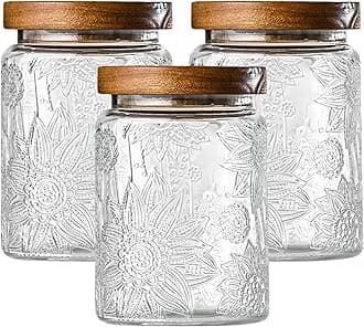 Adodeen 3-Pack 25oz Vintage Glass Jar With Lid, Glass Storage Containers, Air...
