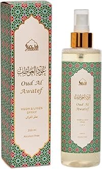 Oud al Awatef Arabic Room Spray by Dukhni | 250ml Oud fragrance Air Freshener, Attar al Faraash for home & prayer mats | Bed linen, Sofa Mist, natural home scent, curtain spray, odour eliminator