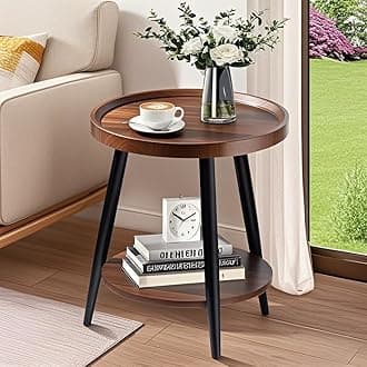 Small Round Side Table, 2-Tier Mid Century Modern Side Table, Round End Table Small End Table for Living Room, Metal Frames, Brown