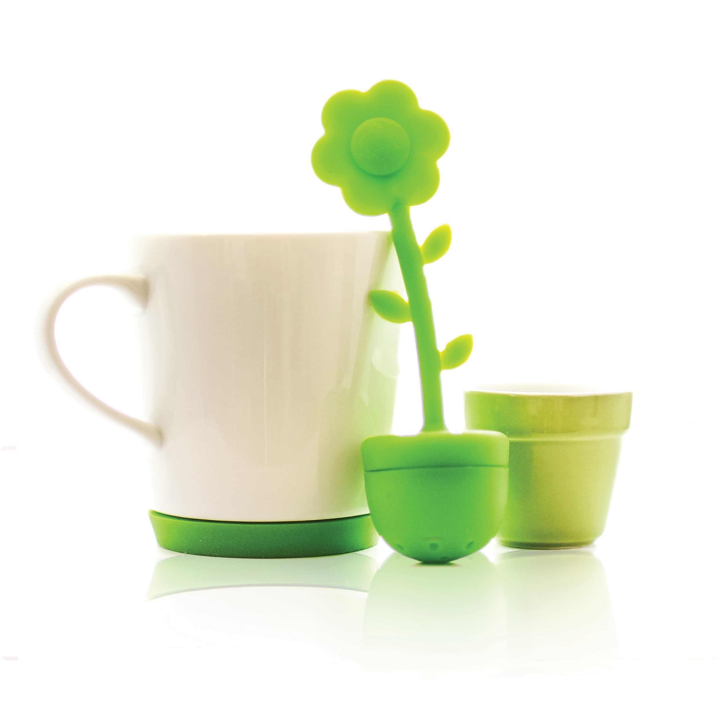 Live Infused Premium Tea Infuser Set, Silicone Infuser, Ceramic Flower Pot Holder and Ceramic Tea Mug with Built in Removable Coaster