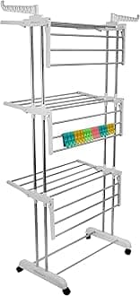 LIVINGBASICS 18 Clips with 3 Layer Cloth Drying Stand for Balcony/Cloth Stand for Drying Clothes Foldable/Stainless Steel Dryer Rack (Snow White, 66 x 174 x 74 cm)