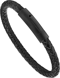 LUXAR Men’s Genuine Leather Bracelet | Interwoven Black Leather Bracelets with Brush Stainless Steel Clasp | Minimalist, Designer Jewelry for Men (Black Round, Medium)