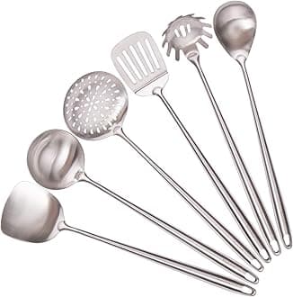 304 Stainless Steel Kitchen Utensils Set - 17” All Metal Cooking Tools, 6-Pcs Extra Long Handle Utensils with Spatula, Soup Ladle, Skimmer Spoon, Slotted Spatula Turner, Spaghetti Server, Solid Spoon