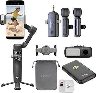 DJI Osmo Mobile 7P Gimbal Stabilizer for iPhone, Android, Lighting, 3-Axis Phone Gimbal, Built-in Extension Rod & Tripod, 10hrs Use, Phone Charging + Portable Charger + Wireless Mic Set + 20W Plug