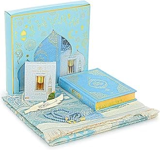 ihvan online Prayer Gift Set for Hajj and Umrah, Muslim Prayer Rug, Prayer Mat, Beads Taasbih, Holy Quran Translated French, Janamaz Salah Mat, Islamic Gift Set for Ramadan & Eid, Blue