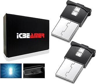 ICBEAMER Mini Smart USB Type-A 2-Pack (White) | LED Night Light for Car Interior, Trunk, Center Console, Easy Plug-in, Perfect for Ambient Atmosphere in Vehicles