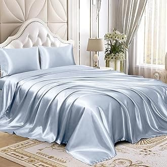 Homiest 4pcs Satin Sheets Set Luxury Silky Satin Bedding Set with Deep Pocket, 1 Fitted Sheet + 1 Flat Sheet + 2 Pillowcases (Full Size, Baby Blue)