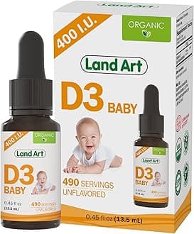 Land Art - Certified Organic Vitamin D3 Drops Baby – 400 IU per Drop – 490 Servings – Supports Bone & Teeth Development – Vitamin D Drops for Infants & Toddlers – GMO-Free - Gluten-Free – 0.45 fl oz