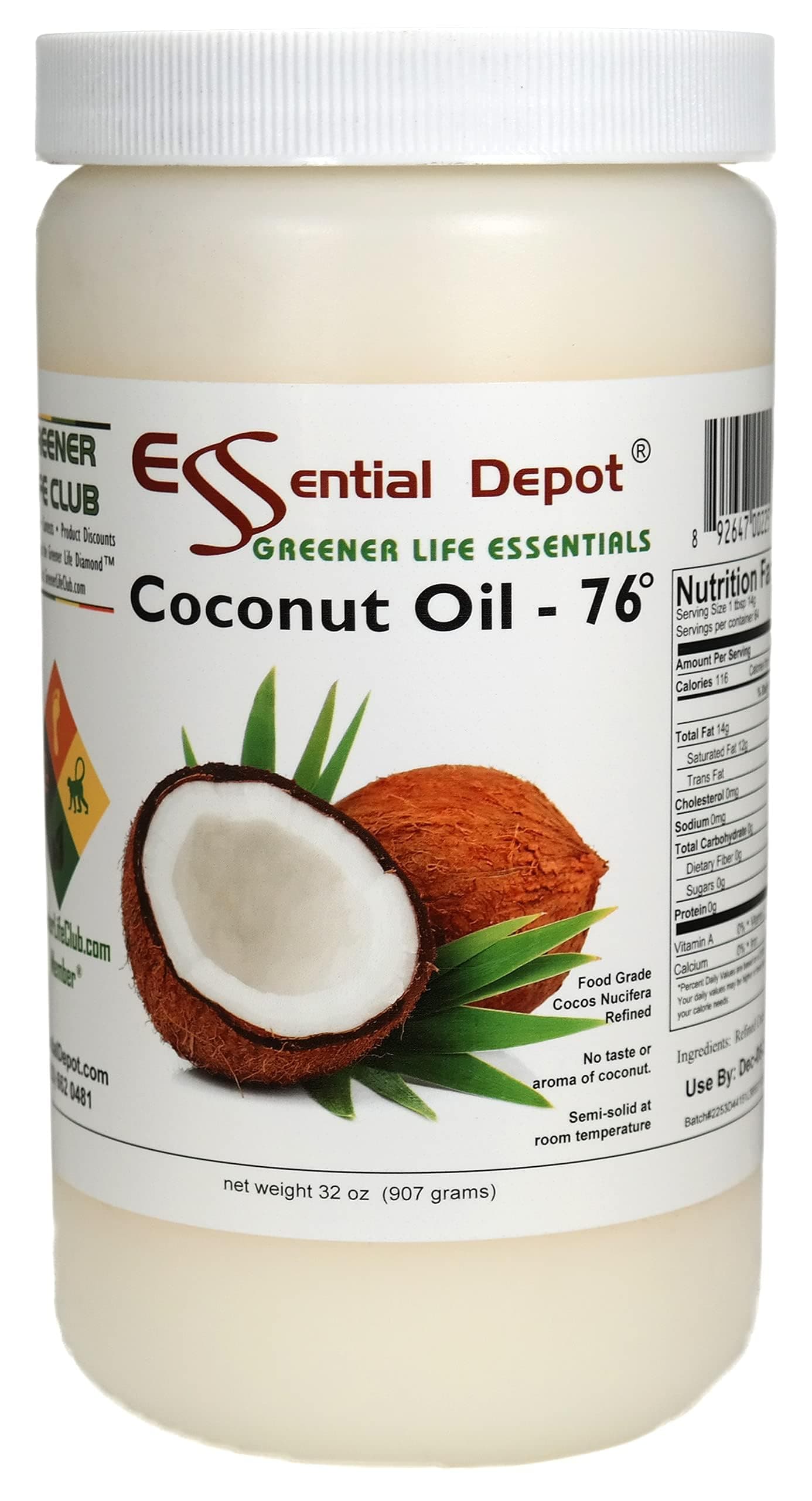 Coconut Oil - 76F - 32 oz in a 1-quart container - No Scent/Odor - also called Coconut Butter - Food Grade - safety sealed HDPE container with resealable lid - microwave-safe (remove foil seal), freezer-safe