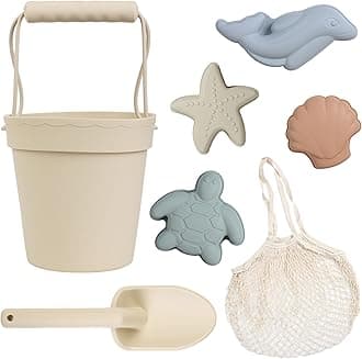 BLUE GINKGO Silicone Beach Toys - Modern Baby Beach Toys | Travel Friendly Beach Set | Silicone Bucket, Shovel, 4 Sand Molds, Beach Bag | Silicone Sand Toys for Toddlers, Kids - Beige