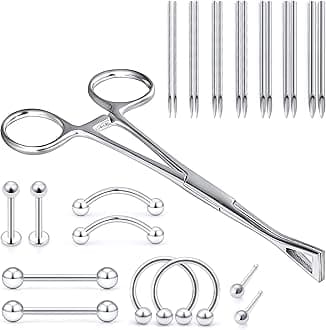 Vsnnsns 9 Style 316L Surgical Steel Body Piercing Tools Kit Piercing Clamps Forceps Use for Nose Septum Lip Tongue Eyebrow Belly Rings Ear Dermal Piercing Jewelry Kit Tools