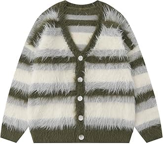 Men's Color Blocking Striped Fuzzy Cardigan Casual Vintage Oversized Button Down Knit Sweater