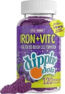 Iron with Vitamin C & B12 Gummies (120 Count) Vital for Red Blood Cell Formation | Gum Drop Grape Real Pectin Fruit Chew Supplements | Vegan, Non-GMO, Gluten Free & Gelatin Free