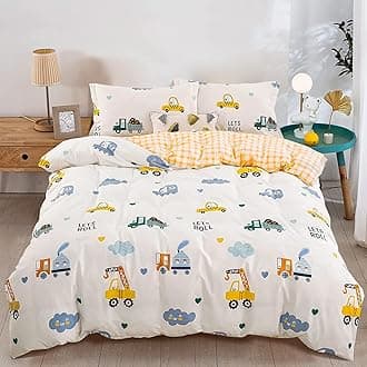 Kids Duvet Cover Set Queen, Cotton Cartoon Car Truck Bedding Set for Boys Girls, 3 Pieces Soft Breathable White Yellow Plaid Reversible Comforter Cover Set (1 Duvet Cover+2 Pillowcases)