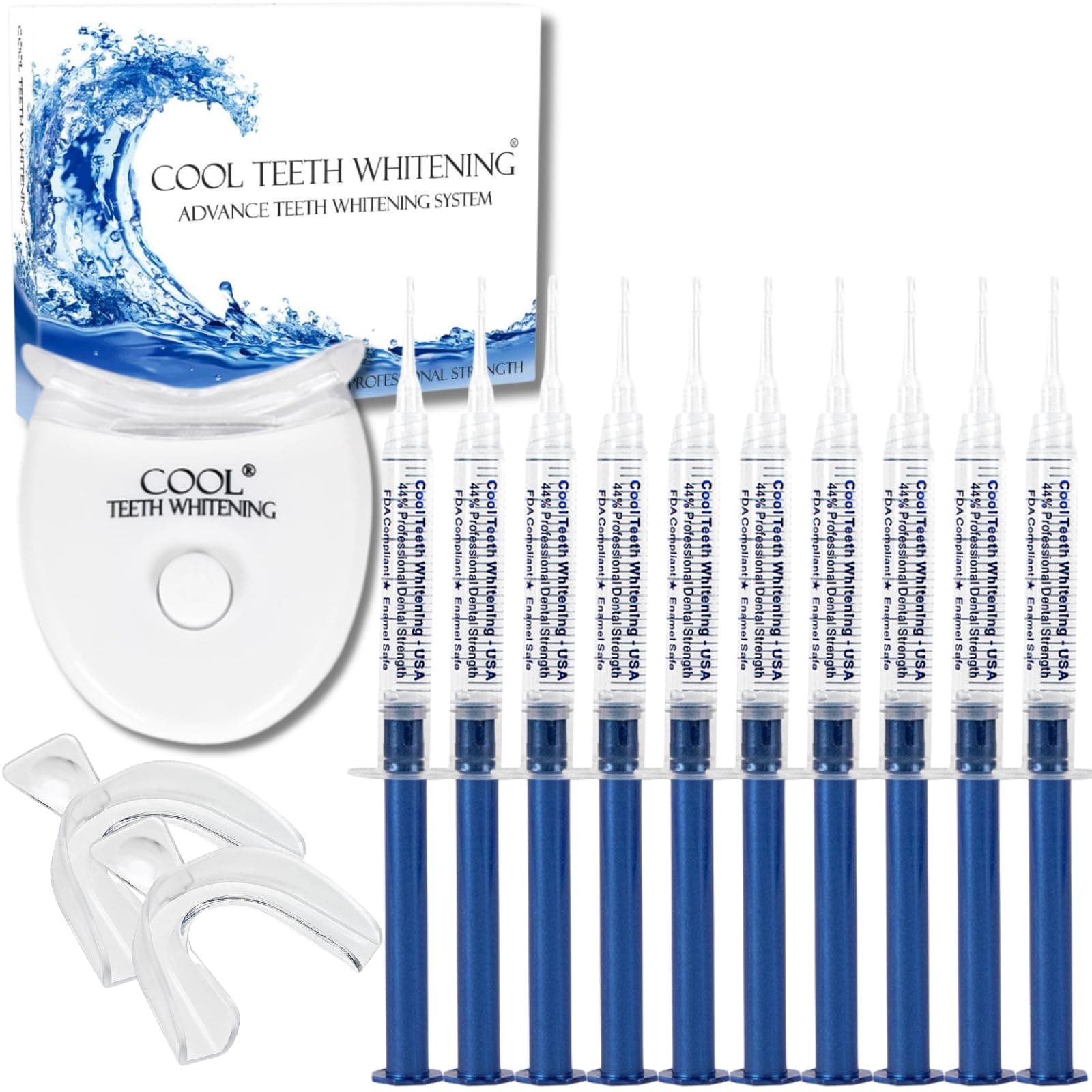 Teeth Whitening Kit with LED Light 44% Carbamide Peroxide 10 Syringes & Moldable Trays 60 Applications Vegan, Enamel Safe, Alcohol Free Formula