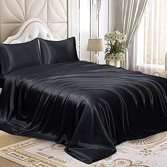 Homiest 4pcs Satin Sheets Set Luxury Silky Satin Bedding Set with Deep Pocket, 1 Fitted Sheet + 1 Flat Sheet + 2 Pillowcases (King Size, Black)