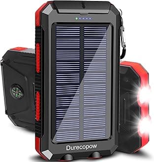 Solar Charger Power Bank, 20000mAh Portable Outdoor Waterproof Solar Battery Charger, Camping External Backup Battery Pack USB C Ports Input/Output, 2 Led Light Flashlight with Compass (Red)