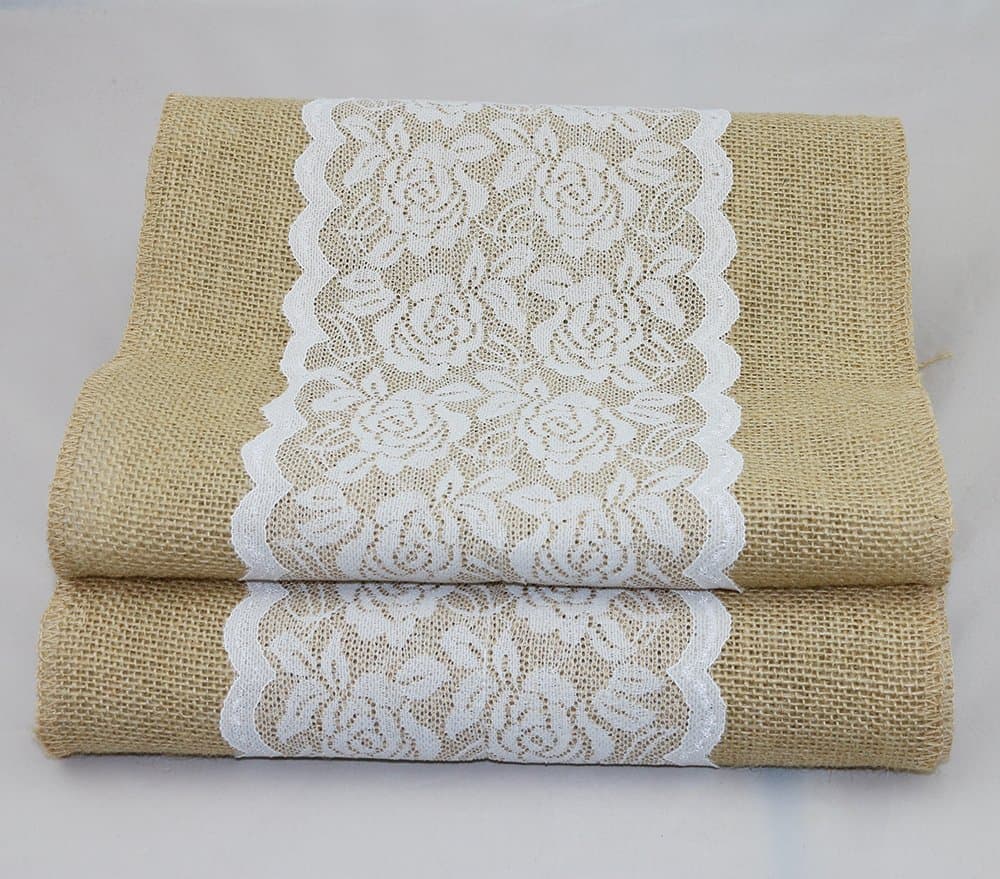 MEIHUA Natural Burlap Table Runner with Lace Wedding Decor Rustic Shabby Chic Hessian Jute Outdoor Party Between (Length: 118")