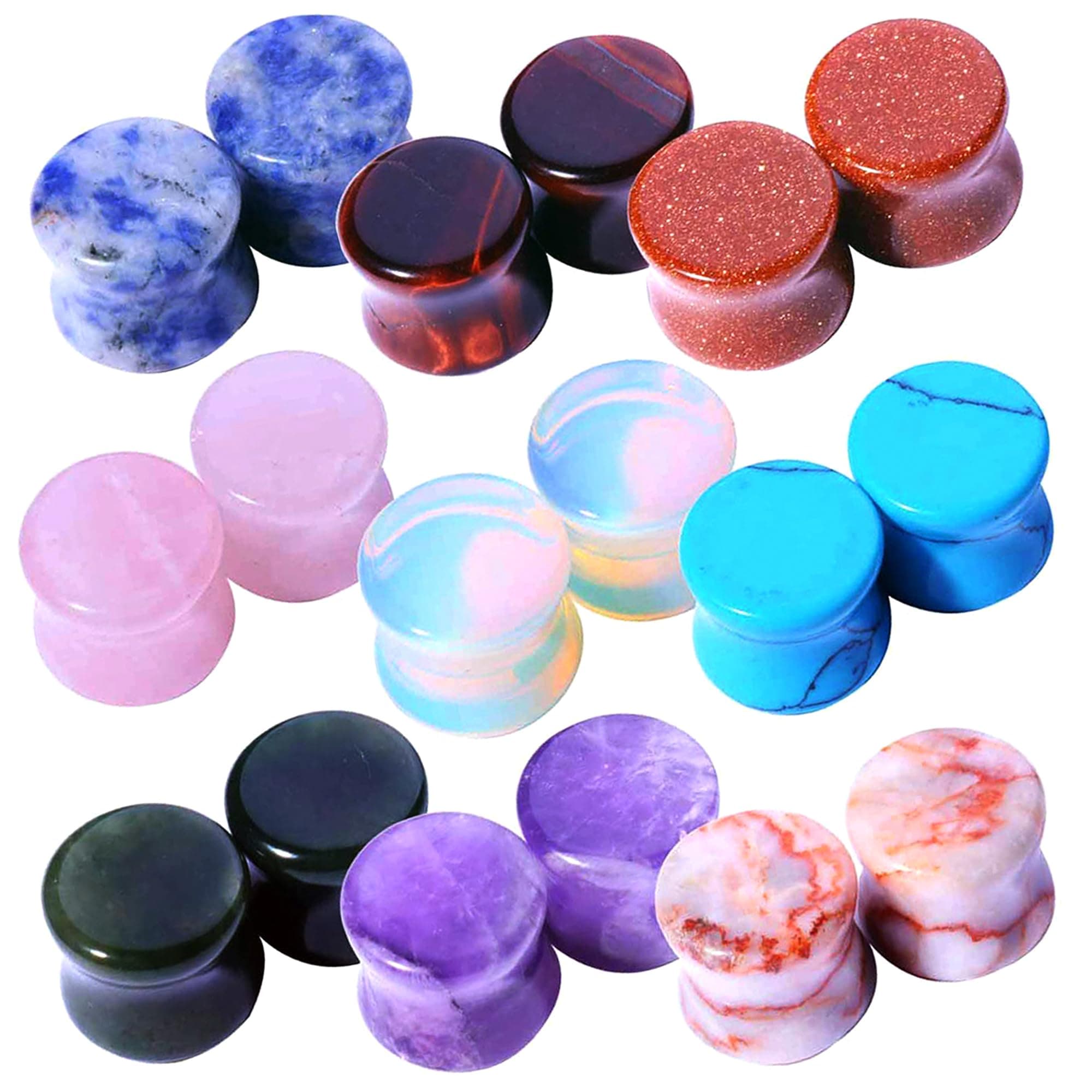 18PC Body Piercing Stone Plugs - Ear Stretching Kit - Beginners 8G-00G, Big Gauges 11mm-24mm (1 Inch) - Saddle Double Flared Tunnels Expander Earrings - Men Women Unisex Jewelry