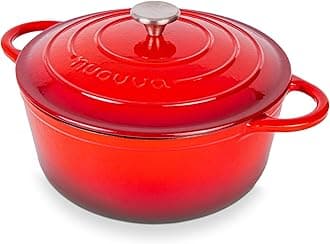 – Nuovva Enamelled Cast Iron Dutch Oven Pot with Lid – 6.4 Quart Casserole Dish – Ceramic Dutch Oven for Bread Baking, Roasting, Braising & Stews – Oven Safe up to 500°F – 28cm Red