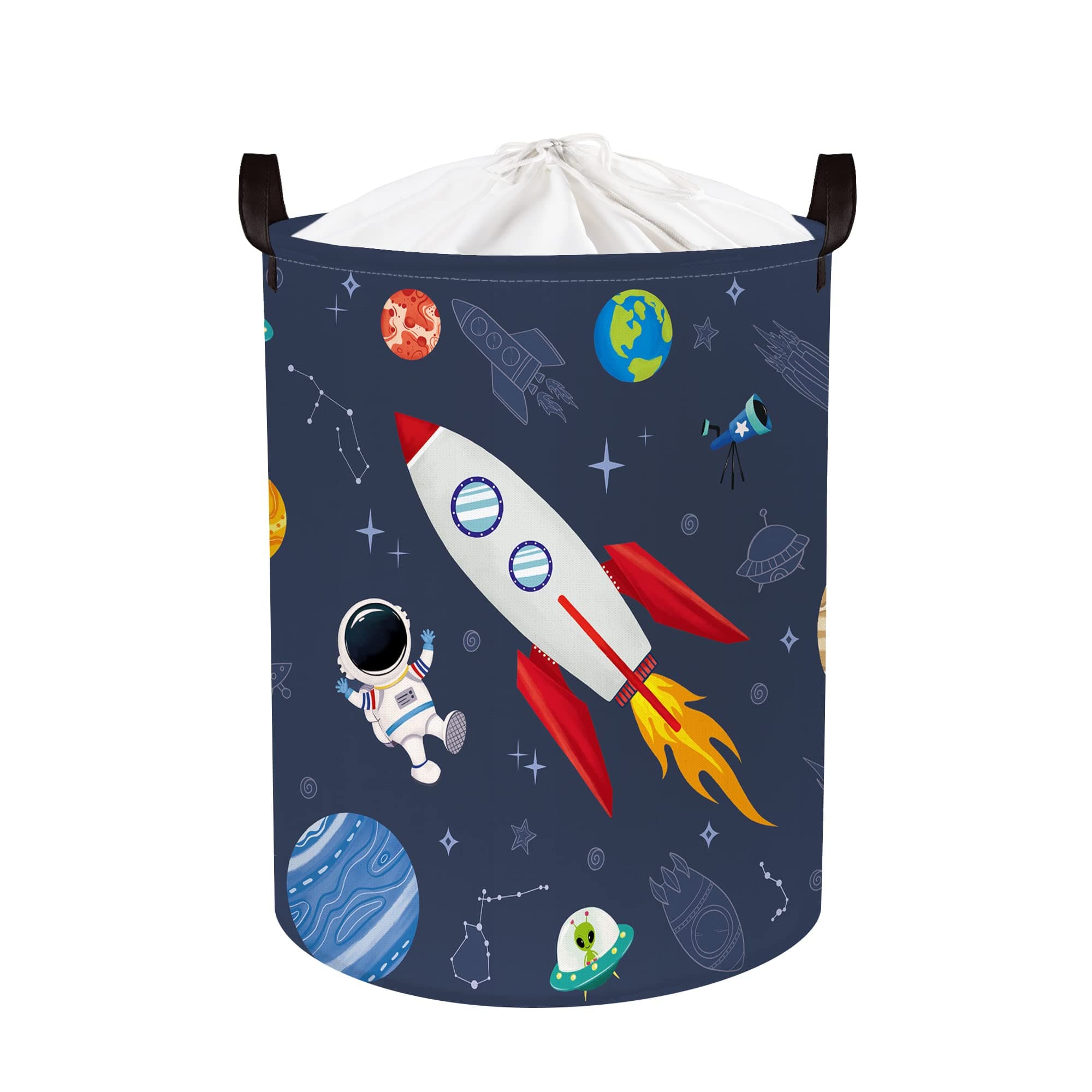 63L Cosmic Astronaut Rocket Laundry Hamper for Boy Large Large Collapsible Dirty Clothes Kid Laundry Basket Dark Blue Toys Storage Basket with Lid, 15.7x19.7 in
