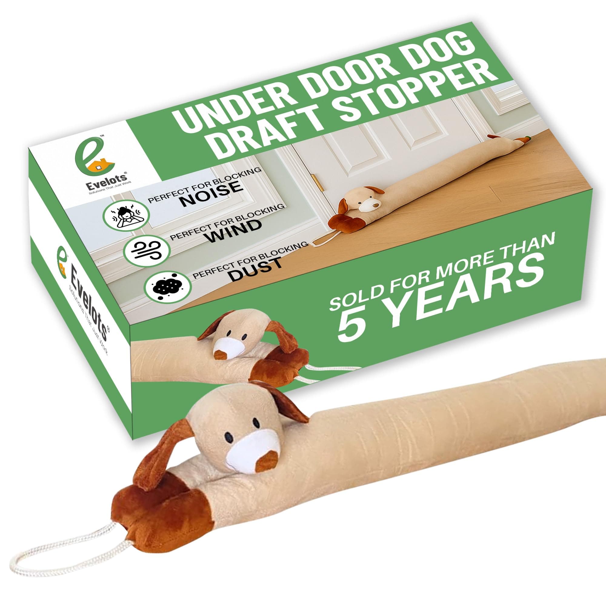 Evelots Under Door Dog Draft Stopper - Weighted - Keep Cold Air, Warm Air Out - Odor, Noise, Dust, Wind Blocker - Great for Window - Full 38 Inch Long - Heavy Duty Cute Puppy - Hanging Loops